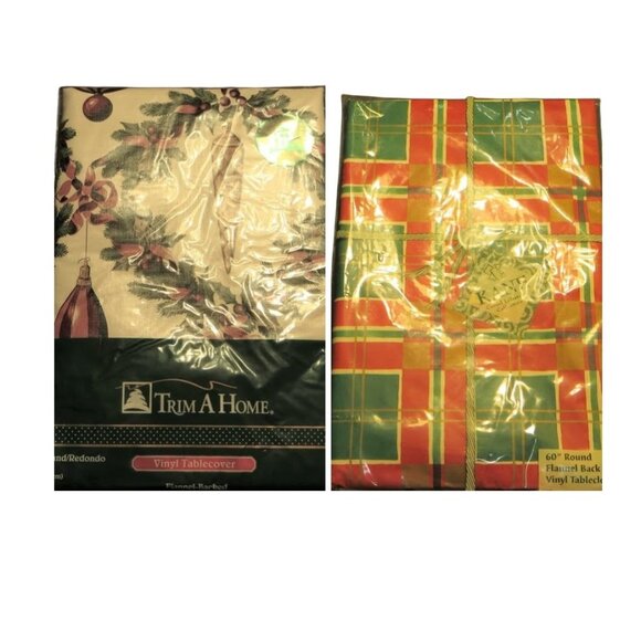 Pair Of Christmas Vinyl Tablecovers  60 Inch Round New In Packages Holiday Decor - Picture 1 of 6